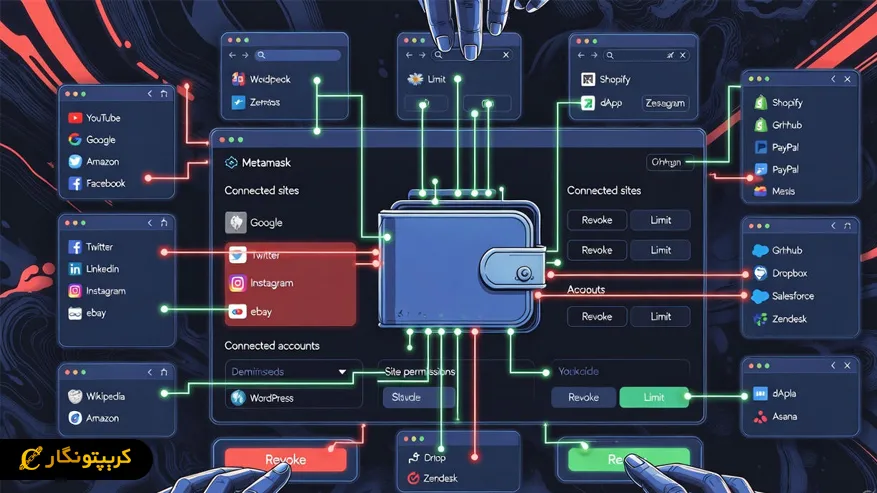 مدیریت دسترسی اپلیکیشن ها به کیف پول و استفاده از گزینه لغو دسترسی برای افزایش امنیت در متامسک