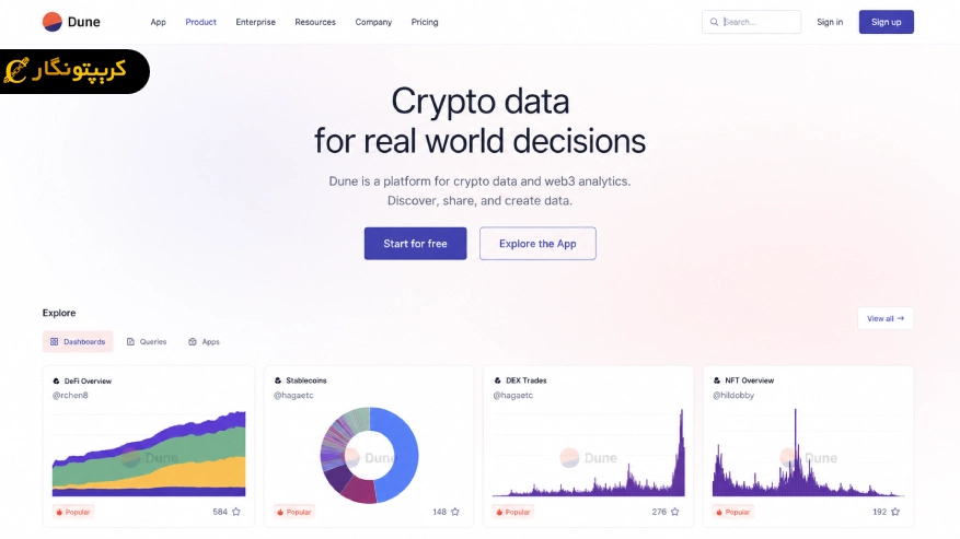 نمای پلتفرم آنچین دون آنالیتیکس (Dune Analytics)