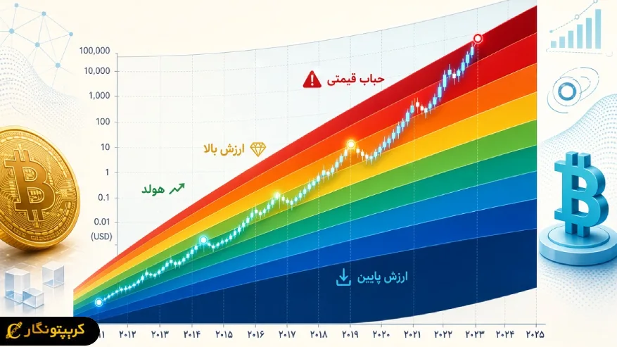 نمودار رنگین کمان بیت کوین و محدوده های مختلف ارزش گذاری قیمت